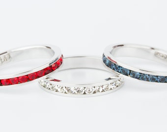 Swarovski Crystal 3 Ring Set in Red, White and Blue - Sterling Silver Channel Set - I Love America