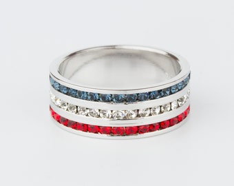 I Love America! Sterling Silver, Red, White and Blue Swarovski Crystal Eternity Ring - wedding band - engagement ring