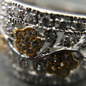 Platinum and gold plated Sterling Silver Flower design ring set with multiple flawless Cubic Zirconias