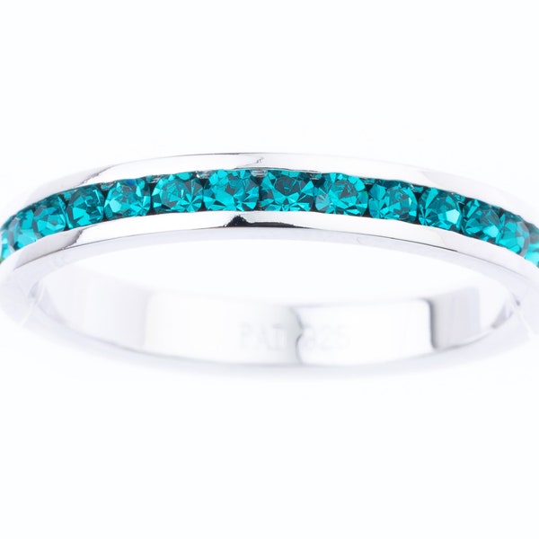 Blue Zircon Swarovski Crystal Sterling Silver Stacking Ring - Wedding Band - Engagement Ring