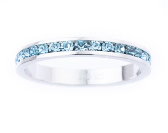 Aquamarine Swarovski Crystal Eternity Ring in Sterling Silver - Stacking Ring - Wedding Band - Handmade Engagement Ring
