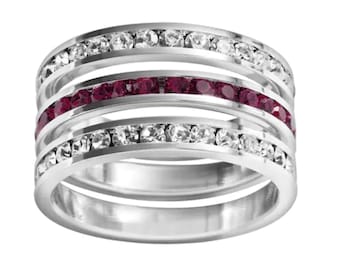 SALE - Orig. price 60.00 / 2 Clear and 1 Ruby Swarovski Crystal Sterling Silver Channel Set Eternity Ring 3 Set
