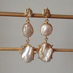 Large Baroque Pearl Drop Earrings: 18k Gold Plated Vintage Style