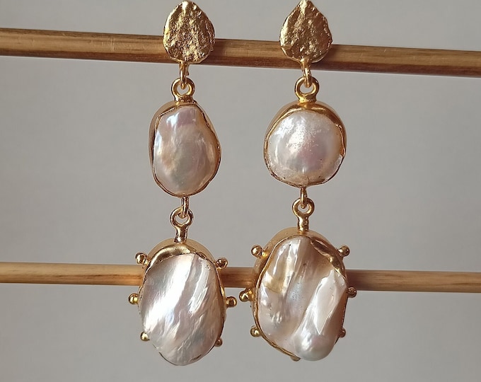 Large Baroque Pearl Drop Earrings: 18k Gold Plated Vintage Style