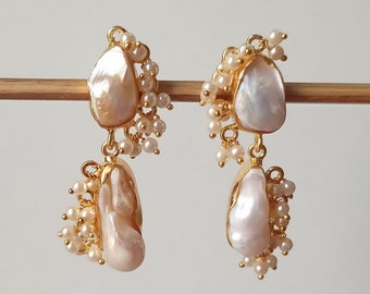 18k Gold Plated Baroque Pearl Earrings: Natural Gemstone Jewelry