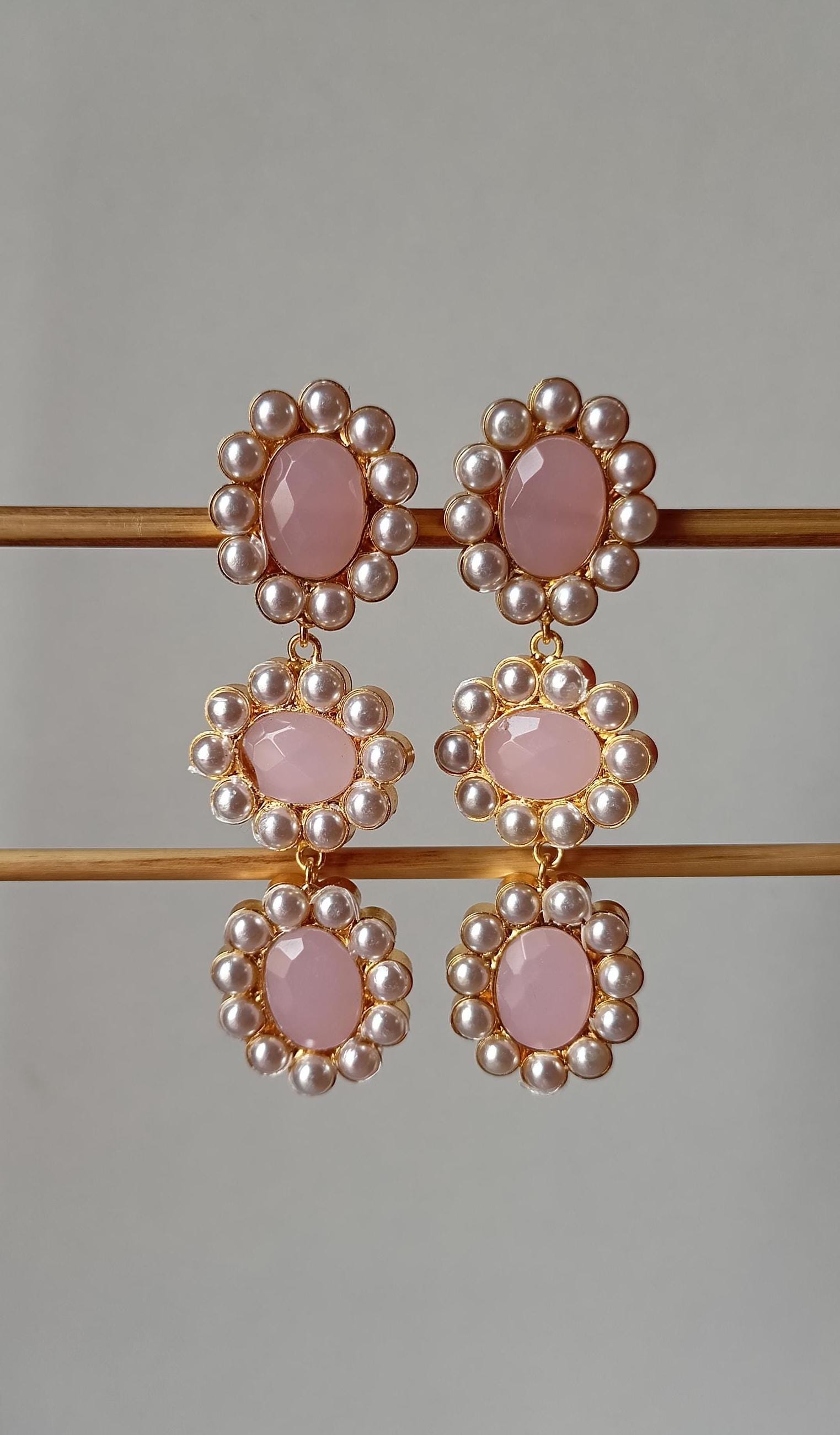 Amazing Rose Quartz And Pearl Earring 18k Gold Plated Jewelry Party