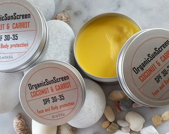 Organic Sunscreen SPF 30-35: Coconut & Carrot Oil, Non-Nano Zinc Oxide, Coral reef safe sunblock