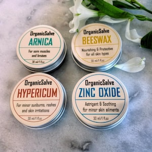 Natural & Organic salves and balms, Hypericum salve, Arnica salve, Zinc oxide salve, Beeswax balm, Zero waste, for all skin types and ages