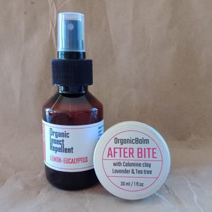 Repelente de insectos orgánico y bálsamo para picaduras, calamina, lavanda y árbol de té.
