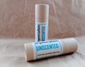 Organic Lip Balm: Natural Almond Oil, Cocoa Butter, Beeswax, Unscented, Plastic free, Zero waste