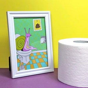 Potty Snail Illustration, 4x6&quot; Framed Wall Art, Funny Bathroom Wall Decor, Toilet Wall Art, Bathroom Decor, Self Care, Weird Stuff