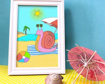 Beach Bug Snail Illustration, 4x6" Funny Framed Wall Art, Sunbathing Slug Wall Decor, Vacation gift, Tanning Slug, Weird Stuff