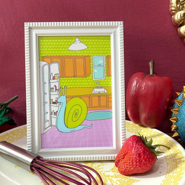 Snacking Snail Illustration, 4x6" Framed Wall Art, Funny Kitchen Wall Decor, Self Care Slug, Weird Stuff