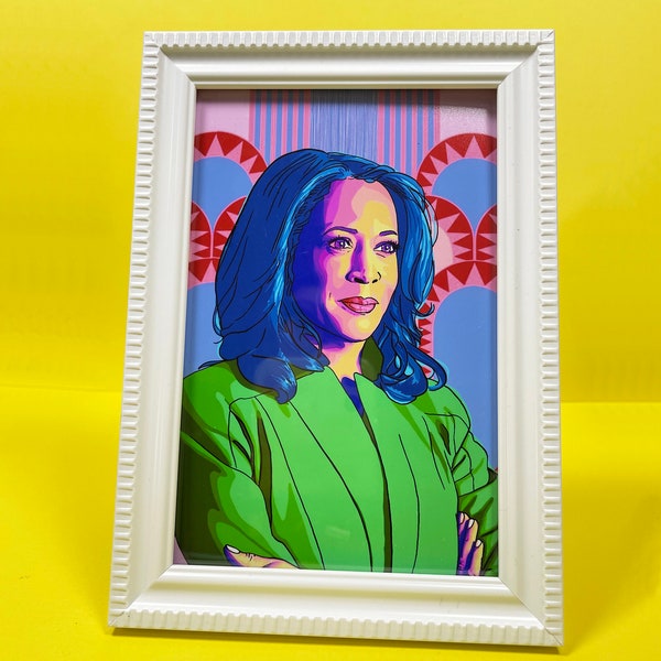 Kamala Harris portrait, 4x6" framed wall art digital illustration, feminist art, Vice President Momala, college student gift, gift for her