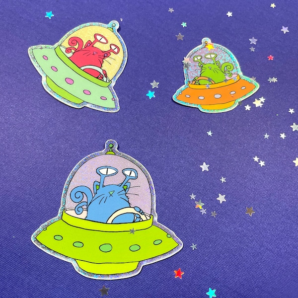 Glittering Alien Cat Stickers, Extraterrestrial cat lover gift, funny intergalactic feline weird stuff