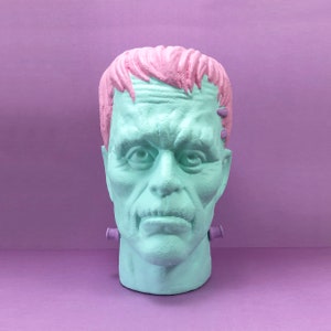 Frankenstein Bust Head / Witchy Goth Decor Halloween Statue / Weird Stuff / Pink & Blue Pastel Monster Art Sculpture