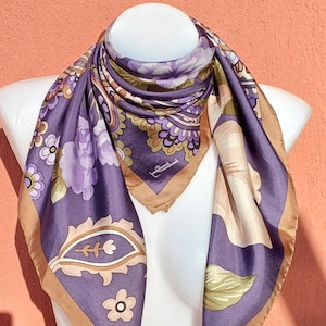 Vintage silk scarf. Designer square floral paisley silk scarf. 34 x 34&quot; Signed scarf. Stains.