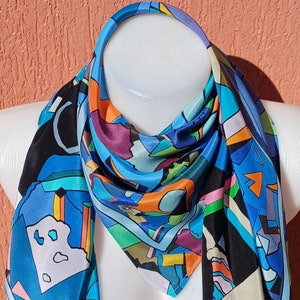 Vintage Blue Silk scarf .Geometric Silk Scarf. Unused  with tags. 35&quot;