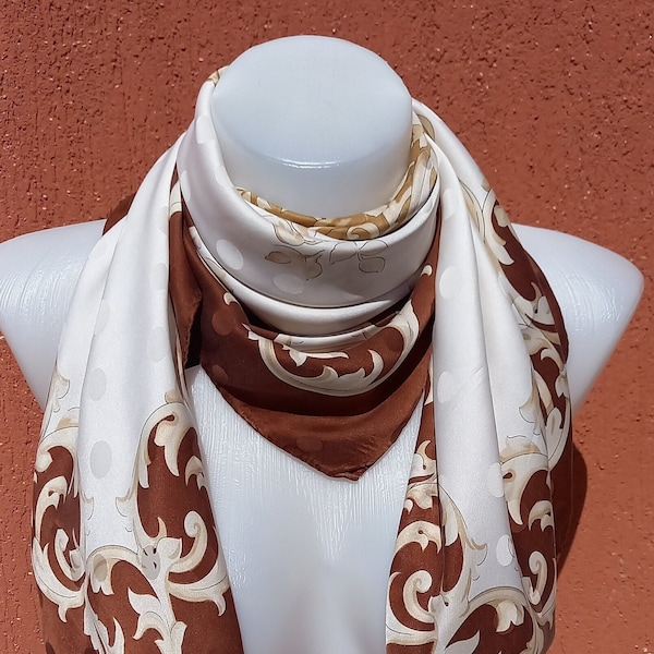 Vintage Renato Balestra Embossed Brown&Ecru Silk Scarf ,Baroque design scarf  83 x 86 cm ( 32 x 34" )