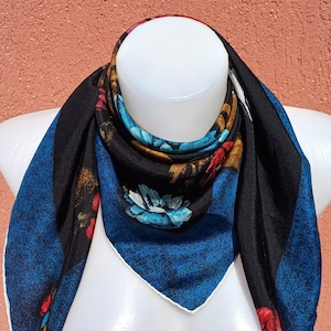 70s Floral Silk Scarf: Large Square Hand-Rolled Edges