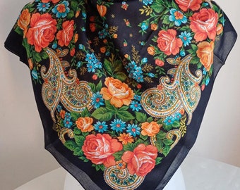 Cachecol de algodão floral vintage: cachecol étnico preto (32x32'')
