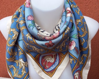 Vintage designer Past Times Made in Italy Gothic style floral & Latin letters  silk scarf. Rare  blue silk scarf 84x 86 cm / 33 x 34"