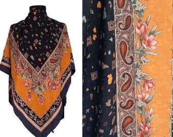 Large vintage silk scarf. Baroque square oversized Head scarf. Embossed jacquard Maxi silk shawl scarf made in Italy. 47 x 45"/120 x 115 cm