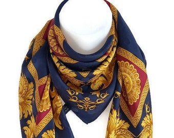 Foulard Carré Vintage En Soie 100% - Dimensions 90x90cm - Motifs Vert Et Marron - Occasion