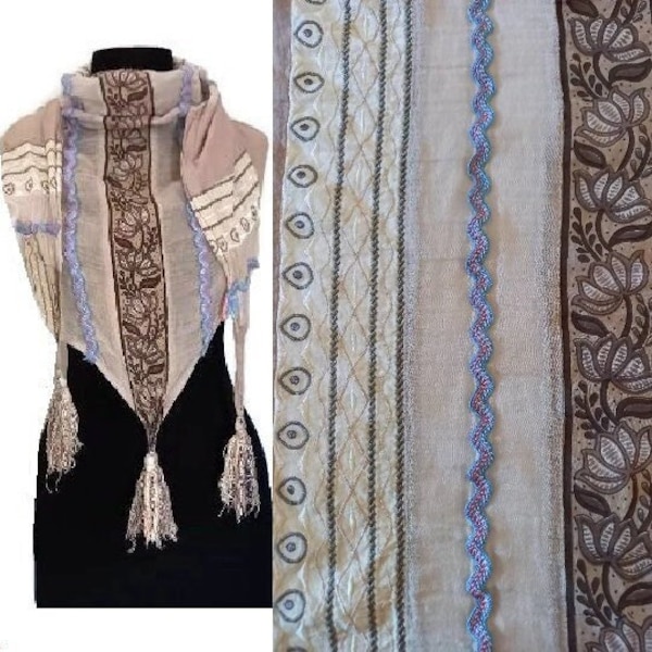 Triangle beige cotton scarf. Boho Indian scarf. Designer Kaffe Floral geo print embroidered scarf. Made in India 63 x 41x 41 "