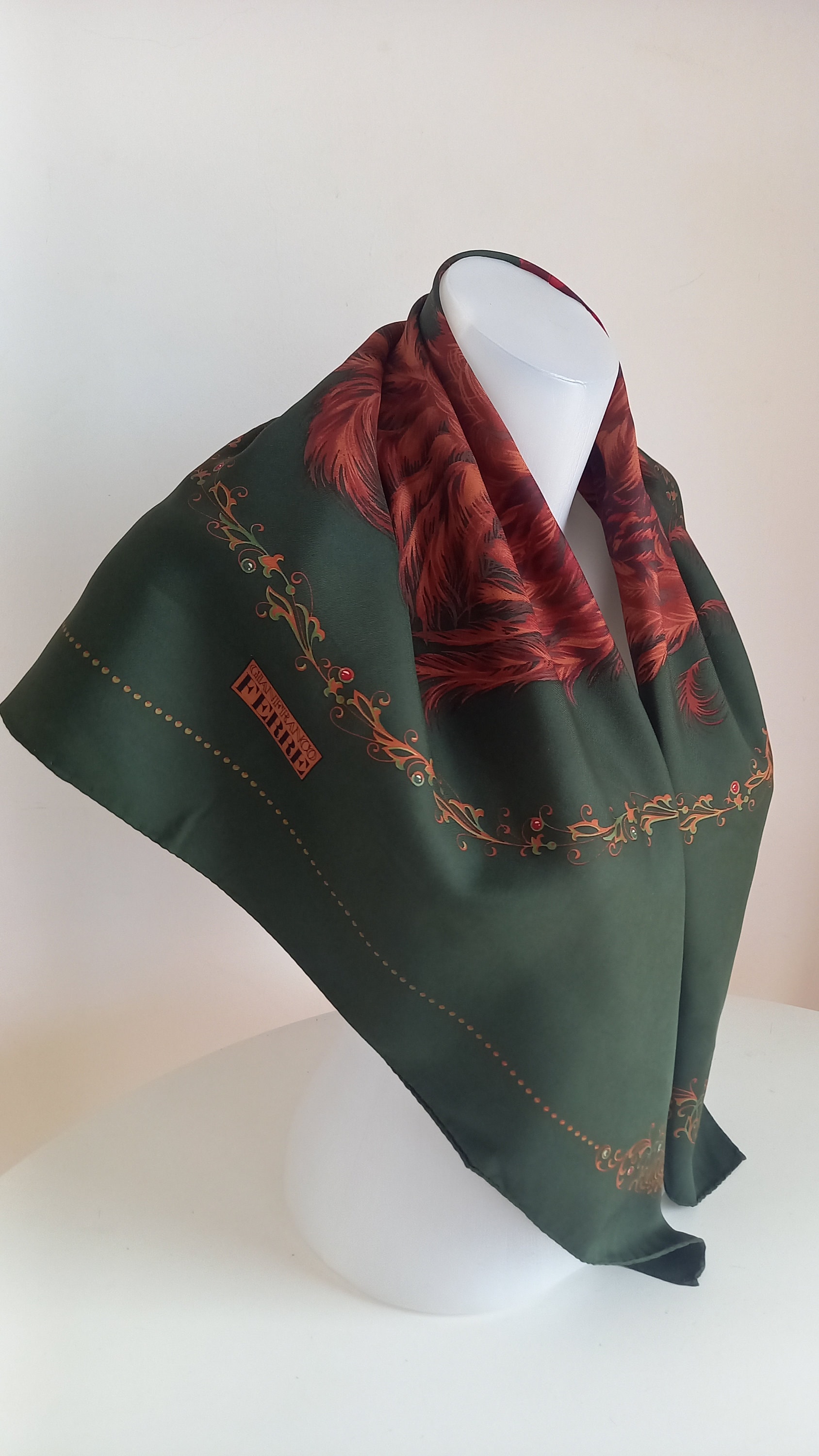 Vintage Gianfranco Ferre Silk Scarf: Green Bird Design (88 X 84 Cm