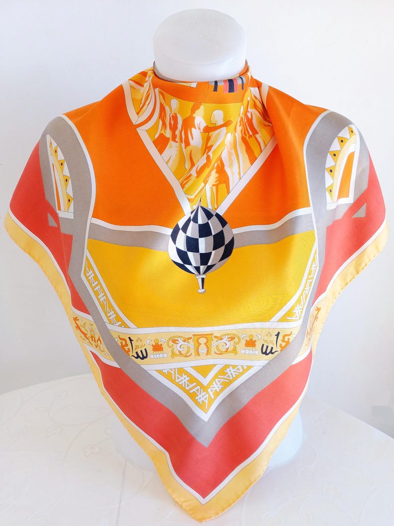 Vintage French Silk Scarf: Orange Geometric Print, 34x35" image 1