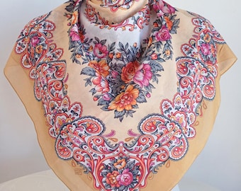 Floral Cotton Scarf, Russian Pavlov Posad Folk Style (32'' Square)