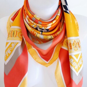 Vintage French Silk Scarf: Orange Geometric Print, 34x35" image 4