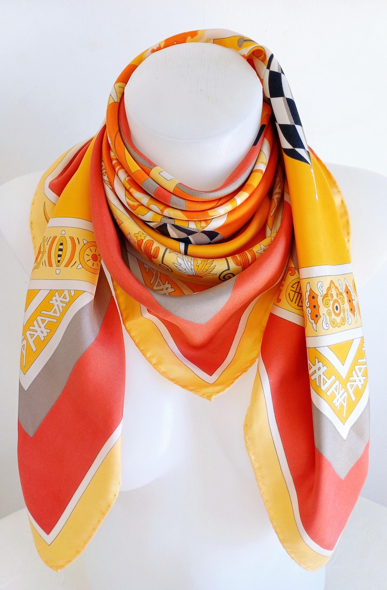 Vintage French Silk Scarf: Orange Geometric Print, 34x35" image 4