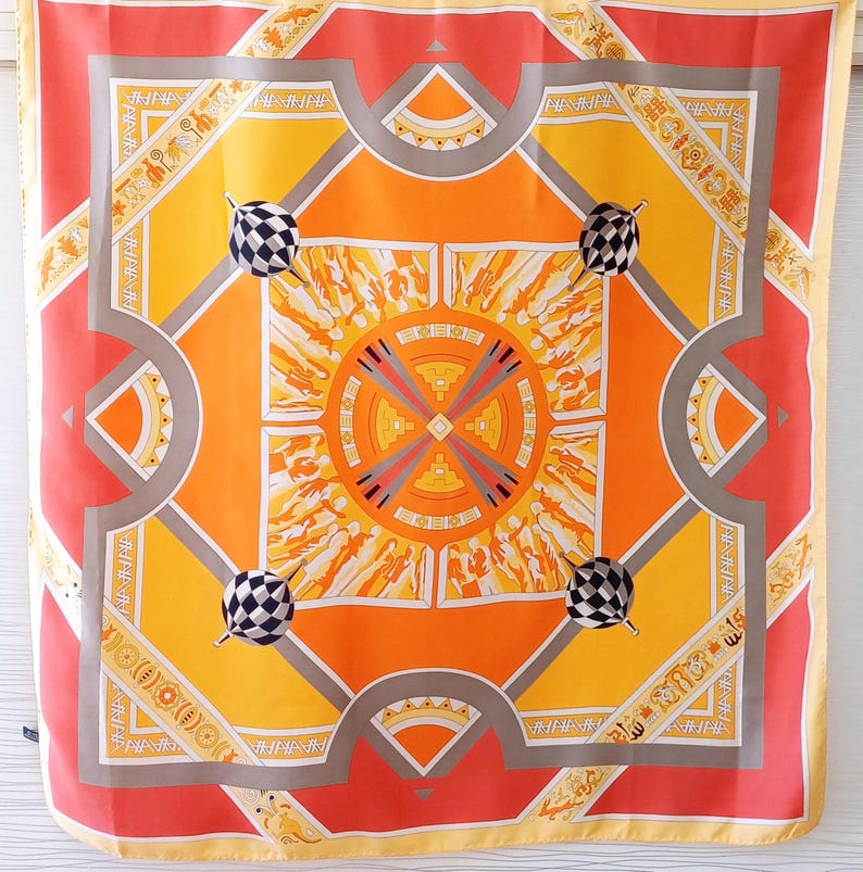 Vintage French Silk Scarf: Orange Geometric Print, 34x35" image 3
