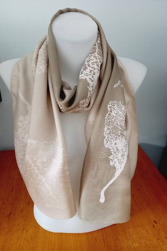 Grey ombre vintage silk scarf. Large leaves print 