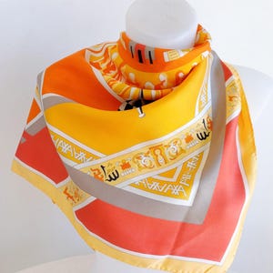 Vintage French Silk Scarf: Orange Geometric Print, 34x35" image 2