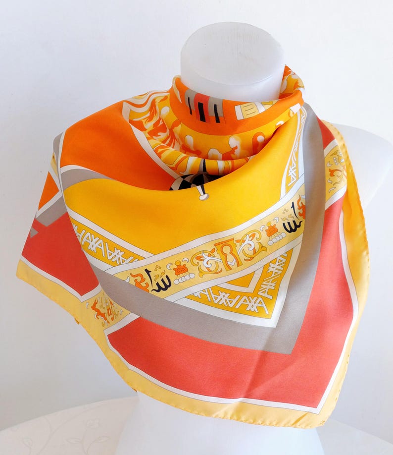 Vintage French Silk Scarf: Orange Geometric Print, 34x35" image 2
