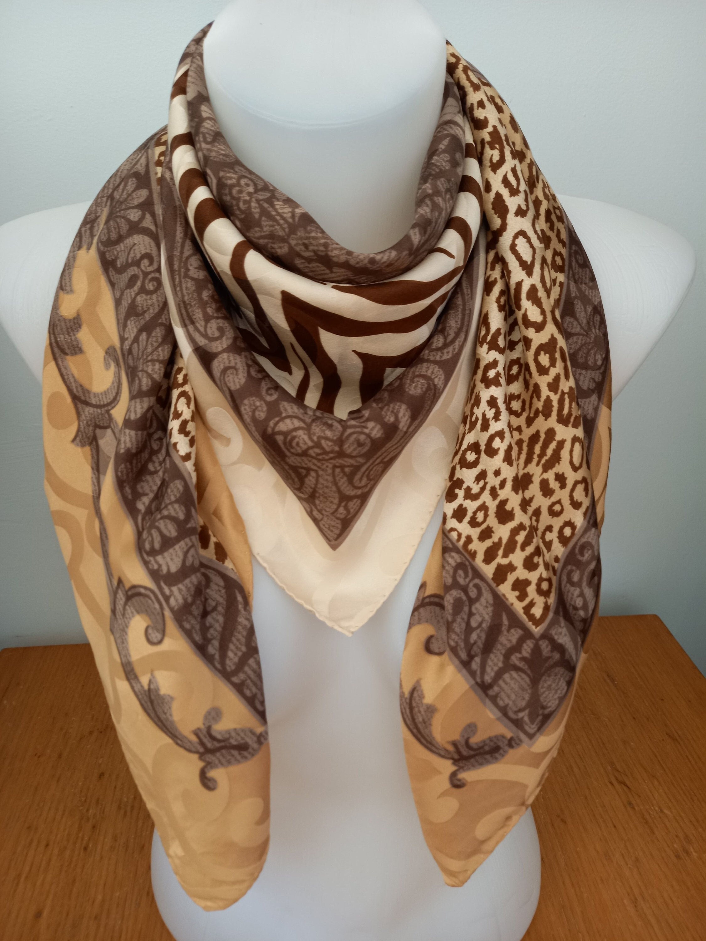Vintage Roccobarocco Silk Scarf: Embossed Animal Print (33 X 35