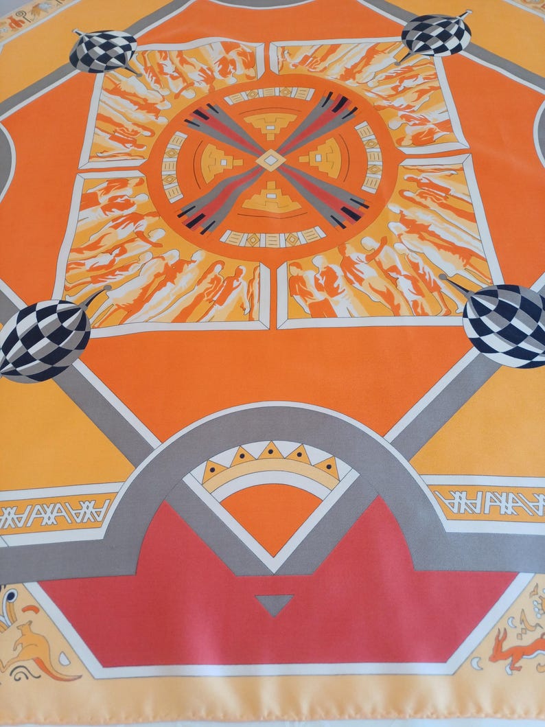 Vintage French Silk Scarf: Orange Geometric Print, 34x35" image 7