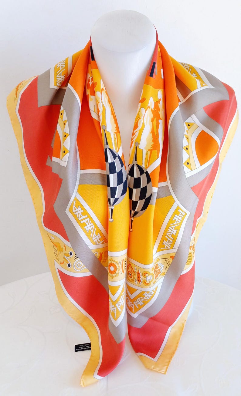 Vintage French Silk Scarf: Orange Geometric Print, 34x35" image 5