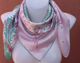 Chamomile print vintage green,pink ,white silk scarf.77 x 77 cm /30 x 30 "