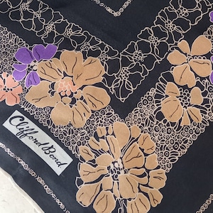 Clifford Bond Vintage Floral Geometric square black silk scarf 26x26 inch