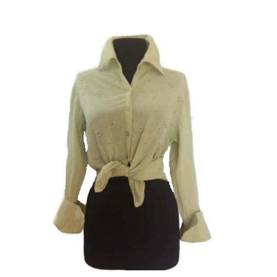 Button down embroidered blouse / Green retro top /