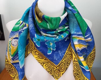 Bufanda vintage de poliéster blanco azul floral grande 34 x 35 "