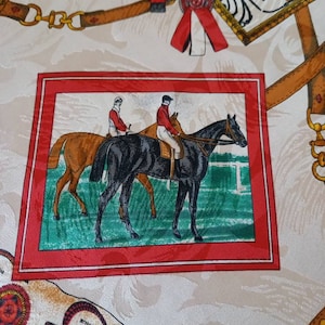 Vintage 80 s Equestrian Horse riders scarf. Unbranded Silk scarf .Equestrian fashion. Made in Italy Hunting dogs scarf.34 x 35 &quot;