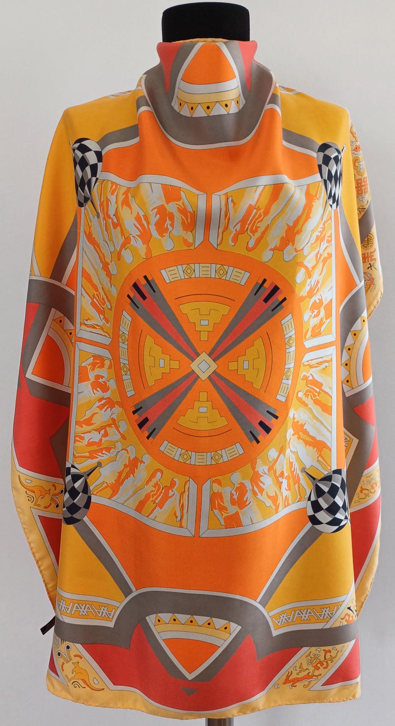 Vintage French Silk Scarf: Orange Geometric Print, 34x35" image 6