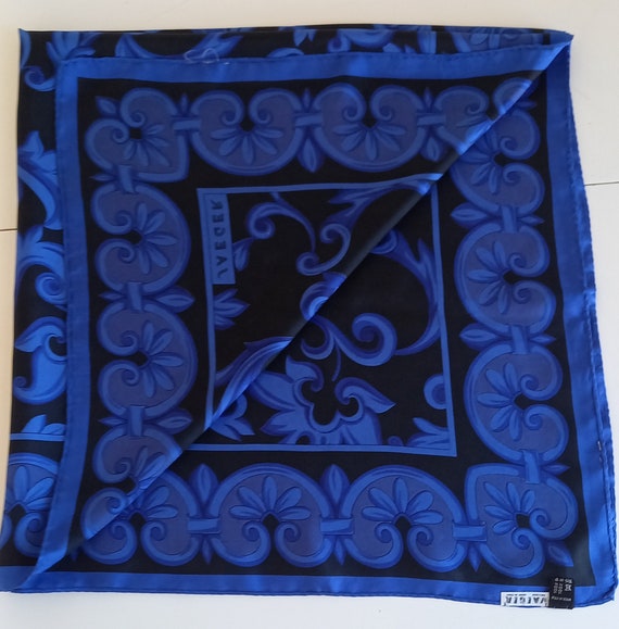 Vintage Jaeger Silk Scarf . Blue& Black Logo Silk… - image 7