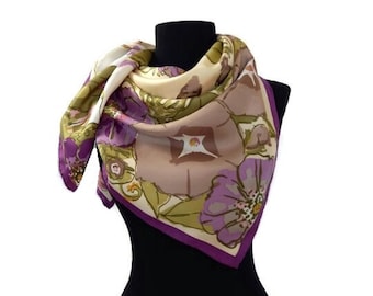 Flowers Silk Scarf  /  Unbranded square scarf  / 89 x 90 cm ( 35 x 35.4" )