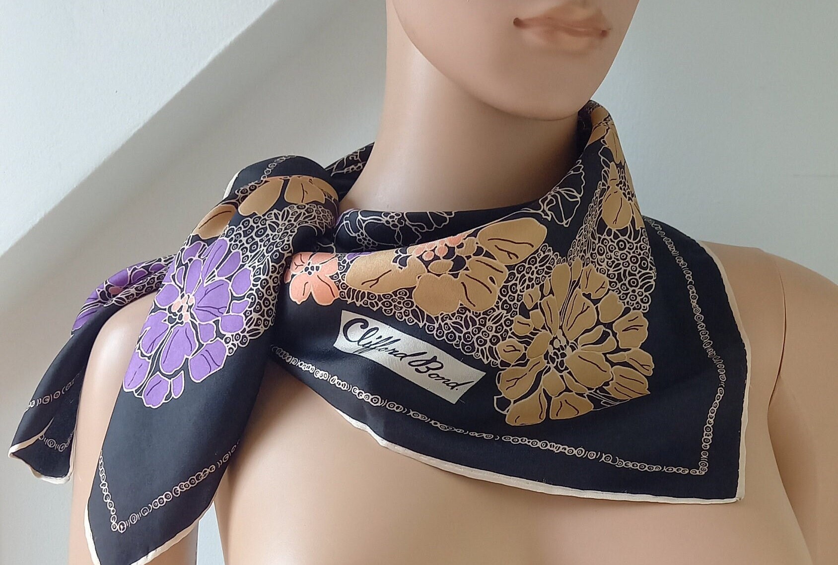 Clifford Bond Vintage Floral Geometric Square Black Silk